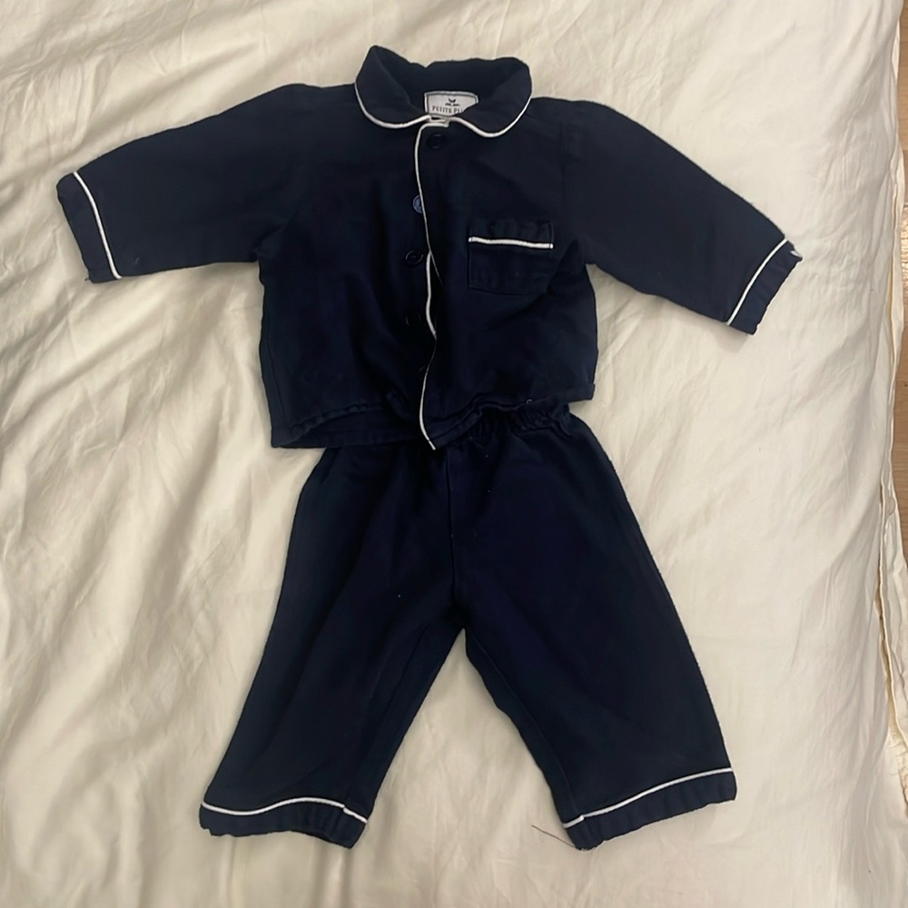 Petite Plume Navy Two Piece Pajamas with White Piping for 6-12 Months